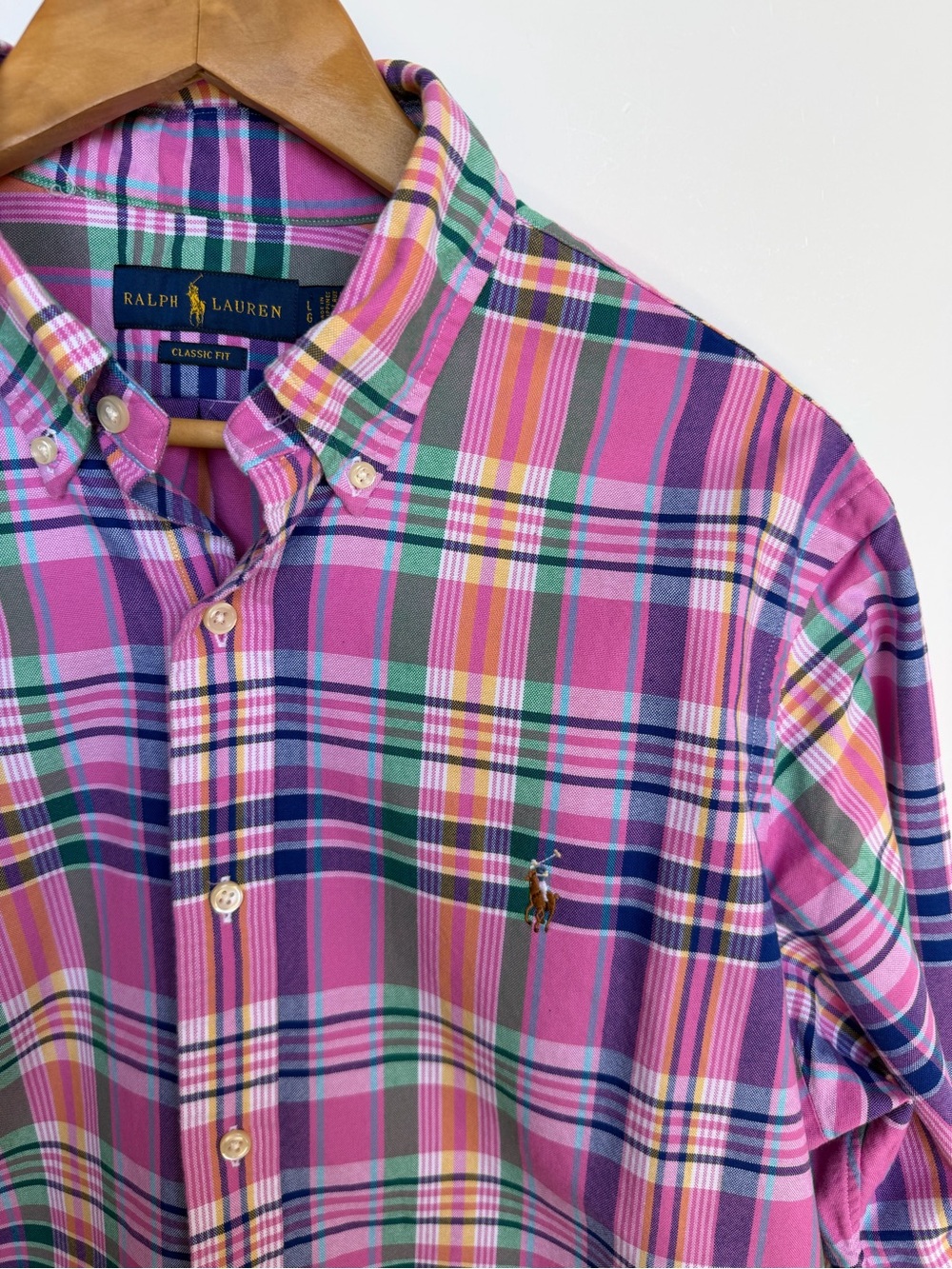 Ralph Lauren Classic Fit Plaid Oxford Cotton Button Down LS Flesh Pony L